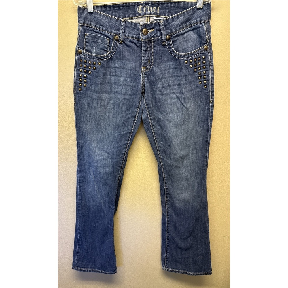 Cruel Girl Keri Denim Jeans 7 Long Studded Blue Stretch Boot Cut Rodeo Cowgirl
